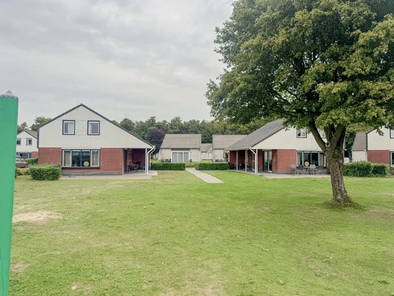 Vrijstaande bungalows rond een grasveld op Veluwe Strandbad