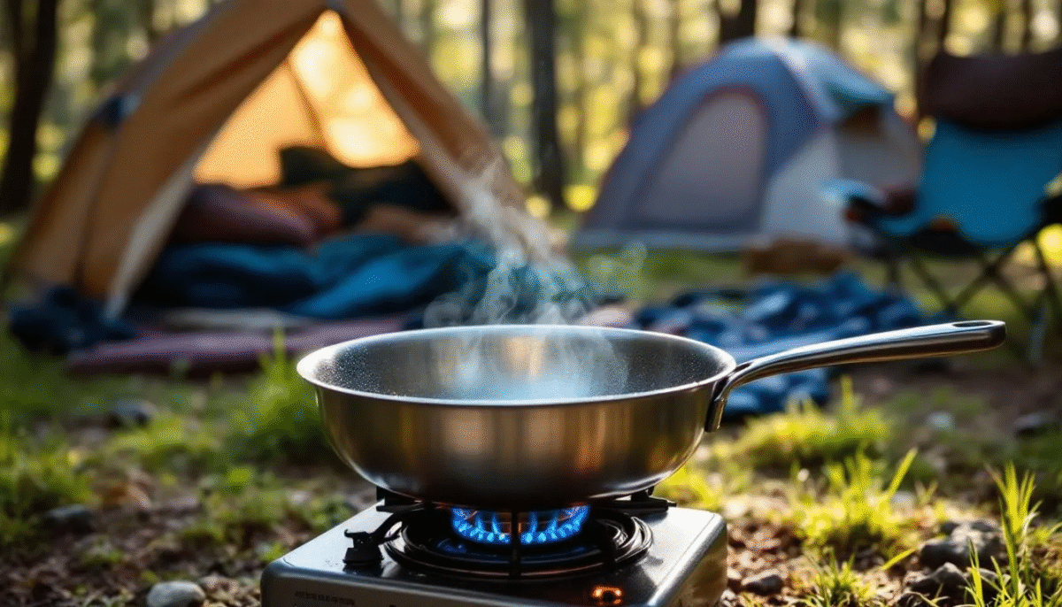 Een camping kookuitrusting met een gasfornuis en een pan staat op een tafel, omringd door verse ingrediënten zoals zoete aardappel, groenten en kruiden, klaar om een makkelijke en lekkere maaltijd te bereiden. Dit één pan gerecht belooft een boordevol smaak en minimale afwas, perfect voor een gezellige kampeervakantie.