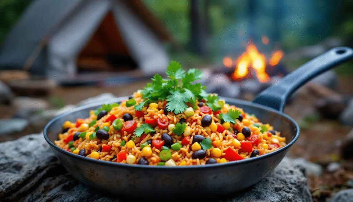 Een kleurrijke Mexicaanse rijstschotel, bereid in een camping pan, staat op een tafel en is boordevol verse ingrediënten zoals groenten, bonen en kruiden. Dit makkelijke eenpansgerecht is perfect voor een gezellige kampeervakantie en biedt een heerlijke maaltijd met minimale afwas.