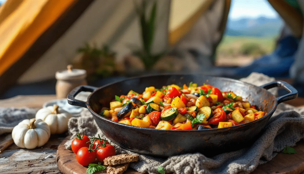 Een kleurrijke vegetarische ratatouille is bereid in een camping pan, boordevol verse ingrediënten zoals courgette, tomaat en paprika, en geserveerd met een heerlijke saus. Dit makkelijke eenpansgerecht is perfect voor een gezellige maaltijd tijdens een kampeervakantie.