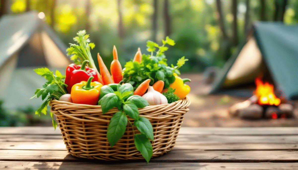 In de afbeelding zijn verse groenten en kruiden te zien, ideaal voor het bereiden van makkelijke eenpansgerechten tijdens het kamperen. Er liggen dunne plakjes zoete aardappel, tomaat, courgette en een bosje groene kruiden op een tafel, perfect voor een snelle en smakelijke maaltijd met minimale afwas.