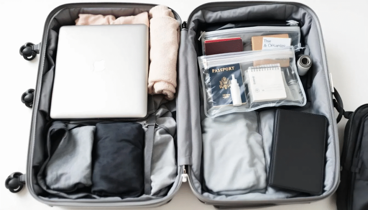 Een net ingepakte koffer met georganiseerde reisitems zoals ondergoed, sokken, een e-reader, make-up en belangrijke documenten zoals het medisch paspoort en vliegtickets, klaar voor de volgende vakantie. De koffer bevat ook persoonlijke uitrusting zoals zonnebrandcrème, een laptop en een EHBO-kit, zodat je goed voorbereid op reis kunt gaan.