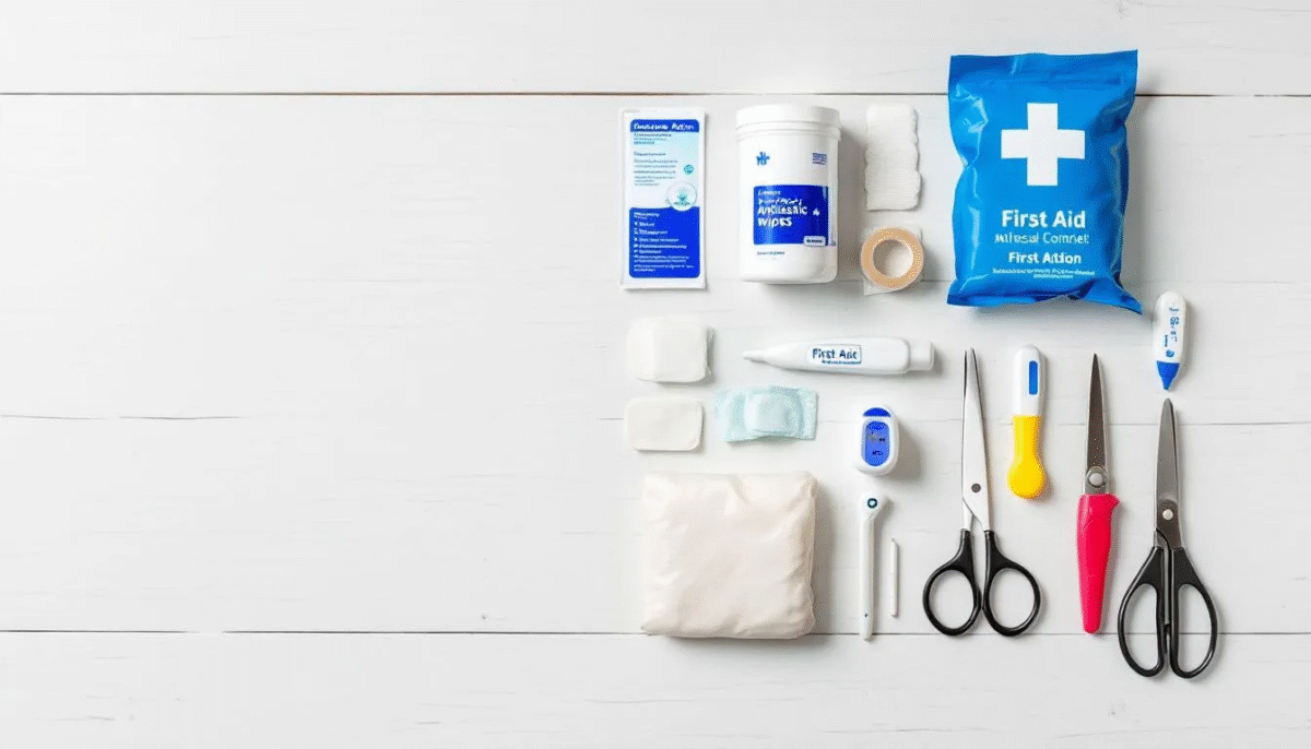 Op de tafel liggen verschillende medische benodigdheden, waaronder een EHBO-kit met pleisters, pijnstillers en een medisch paspoort. Deze items zijn essentieel voor een goede voorbereiding op internationale reizen en zorgen ervoor dat je goed voorbereid bent voor je volgende vakantie.