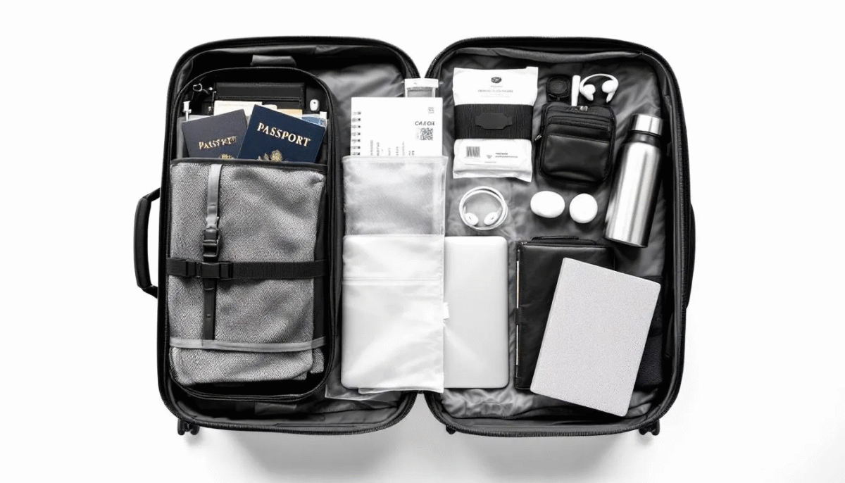 De afbeelding toont een goed georganiseerde handluggage met verschillende reisbenodigdheden, zoals ondergoed, sokken, een e-reader, en persoonlijke items zoals make-up en een toilettas met shampoo en tandpasta. Deze handige inpaklijst helpt je goed voorbereid te zijn voor je volgende vakantie, of je nu met het vliegtuig of de auto reist.