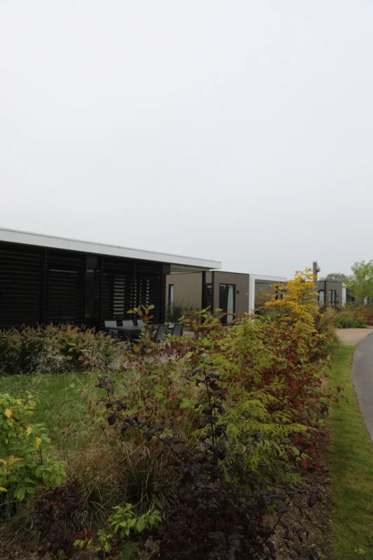 Moderne lodges tussen de beplanting op Soof aan de Rijn