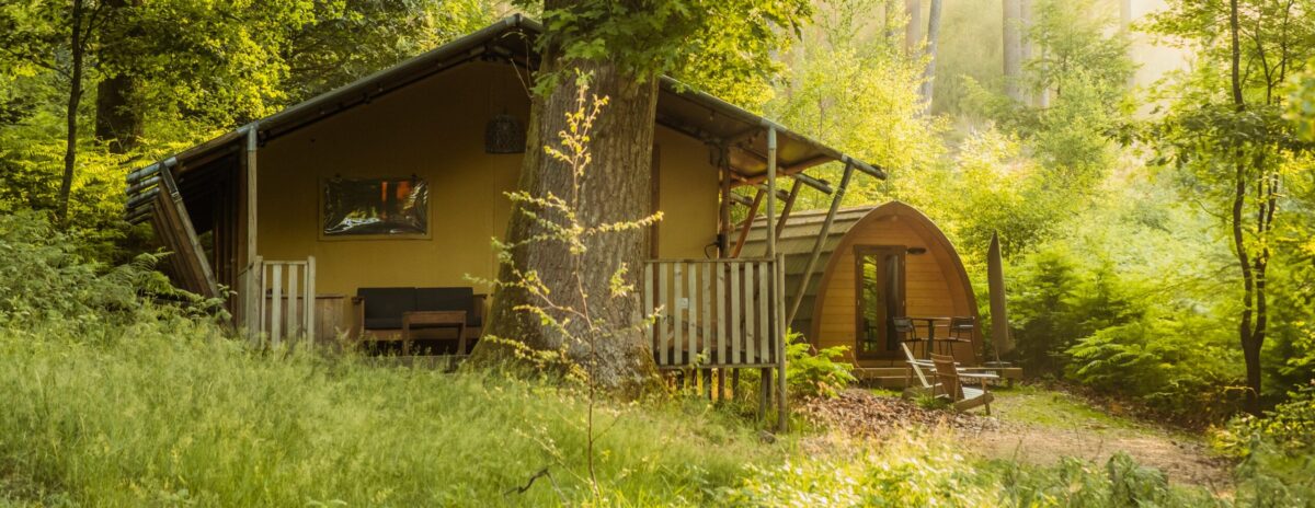 Lodgetent en Pod tussen de bomen op Buitenplaats Beekhuizen
