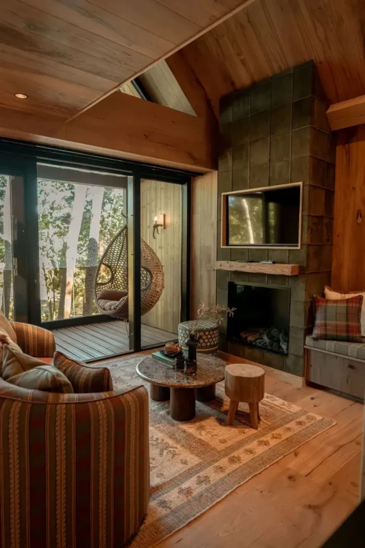 Woonruimte met haard in de Treehouse Suite bij Van der Valk Gilze-Tilburg