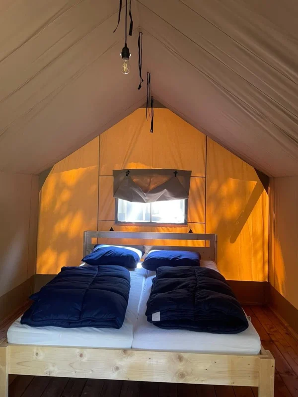 Bed in een safaritent bij Camping Kempen