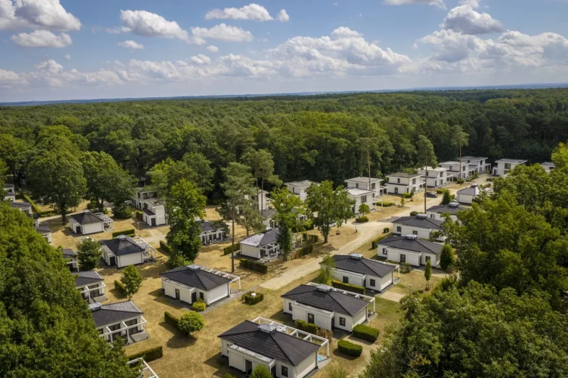Overzicht van het bosrijke park bij Landal Mooi Zutendaal