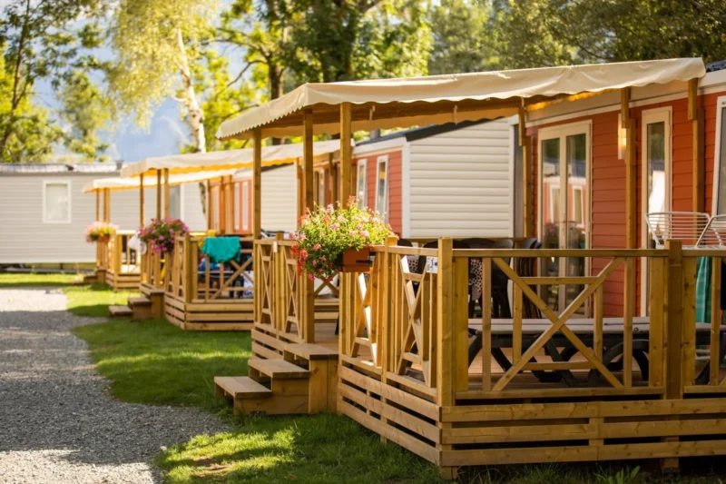 Houten accommodatie met overdekt terras bij RCN Belledonne
